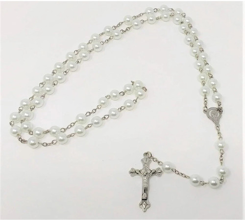 White rosary beads with - with, silver