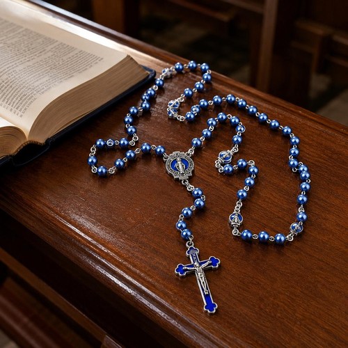 Blue faux pearl catholic - faux,